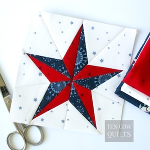 Texas Star 6 misure incluse, blocco trapuntato, carta da parati Foundation Pieced, FPP, Natale a 5 punte Freedom Liberty Victory Freedom, solitario, patriottico