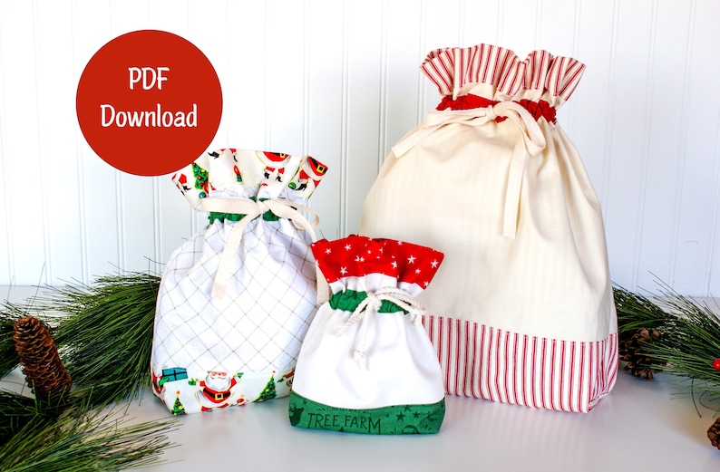 Drawstring Bag Pattern, Fabric Gift Bags, Holiday DIY Sewing, Santa Sack, Reusable, Christmas Gift Idea, Small Medium Large, Three Sizes image 4