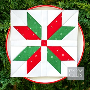 Könnte beinhalten: Ein quadratischer Quiltblock mit einem Sternmuster in Rot und Grün, vor weißem Hintergrund. Der Block liegt auf einem weißen Teller mit rotem Rand, umgeben von grünem Laub. Der Text "TEN COW QUILTS" ist sichtbar.