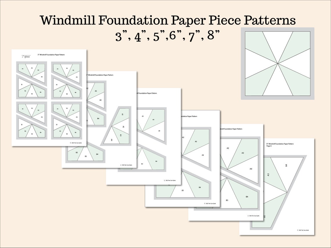 Windmill Foundation Paper Piecing Pattern, FPP, Kaleidoscope, 3-inch, 4 ...