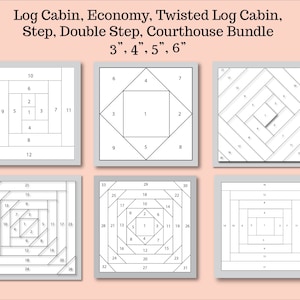 Foundation Paper Piecing Bundle, FPP, Log Cabin, Economy Block, Twisted Log Cabin, Double Step, Step, Courthouse