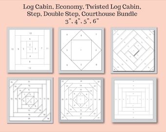 Foundation Paper Piecing Bundle, FPP, Log Cabin, Economy Block, Twisted Log Cabin, Double Step, Step, Courthouse