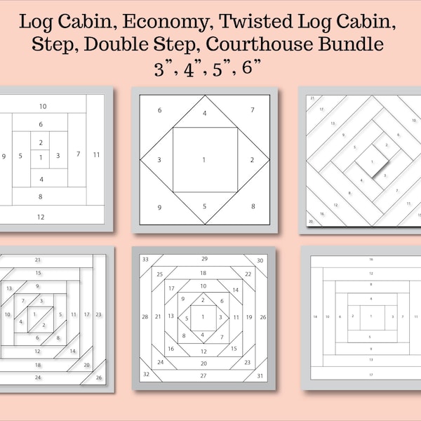 Foundation Paper Piecing-bundel, FPP, blokhut, economisch blok, gedraaide blokhut, dubbele trede, trede, gerechtsgebouw