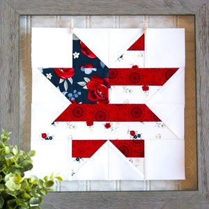 Vaterländischer Stern Quilt-Block, Papier, Papier, Häkelmuster, PDF-Download, 6-Zoll, 8-Zoll, 10-Zoll, Sägezahn-Stern