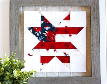 Patriotic Star Quilt Block, Foundation Paper Piecing Pattern, FPP, PDF Download, 6-inch, 8-inch, 10-inch, Sawtooth Star