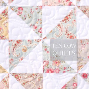 May include: A close-up of a white quilt with a patchwork design featuring floral and paisley patterns in shades of pink, blue, and yellow. The quilt is quilted with a wavy pattern. The text "TEN COW QUILTS" is visible in the center of the image.