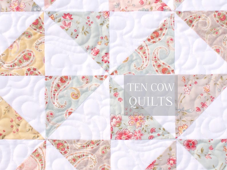 May include: A close-up of a white quilt with a patchwork design featuring floral and paisley patterns in shades of pink, blue, and yellow. The quilt is quilted with a wavy pattern. The text "TEN COW QUILTS" is visible in the center of the image.