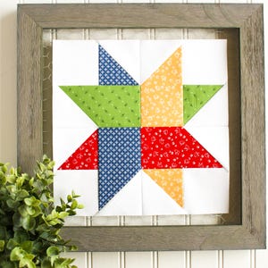May include: A framed patchwork quilt block with a star design. The star is made of six triangles in red, blue, green, and yellow fabrics with white polka dots. The background is white.
