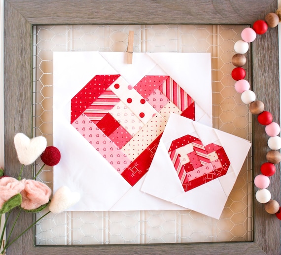 Old-Fashioned Upright Log Cabin Heart, Quilt Block, Foundation Paper Pieced Pattern, FPP, PDF digital download, 4-inch, 6-inch, 5-inch, 8-in