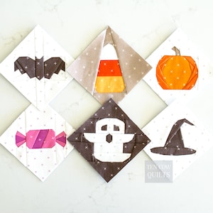 Halloween Mini Quilt Blocks, 6 Designs, FPP, Pumpa, Fladdermus, Godis, Häxa, Spöke, PDF-fil,