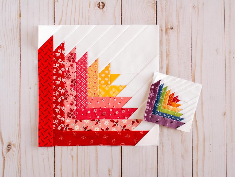 Lilly Log Cabin, mönster för lapptäcke, FPP, tulpan, blomma, quiltblock, PDF-nedladdning, flera storlekar, liten 7,5 cm, 20 cm bild 3