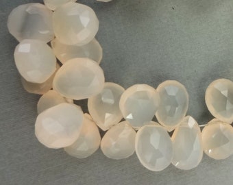 Chalcedony Teardrop Beads One Strand, Translucent White Faceted Top Drilled Teardrop Beads, Milky White