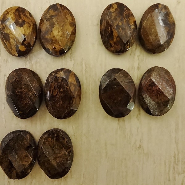 Bronzite Faceted Flat Oval Beads, Bronzite Pendant Beads for Jewelry Making, Two (2) Beads, 30mm x 20mm