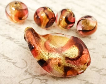 Venetian Foil Glass Bead Set in Reds and Gold, Quality Beads for Jewelry Making