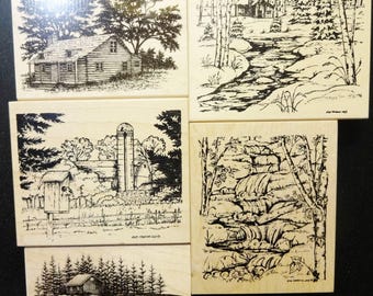 Northwoods Rubber Stamp | Cabin, Stream, Waterfall for Card Making