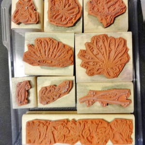 May include: A set of nine wooden mounted rubber stamps with floral designs. The stamps are arranged in a grid pattern in a clear plastic storage case.