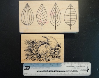Autumn Wood Rubber Stamp | Fall Leaves, Cornucopia, Flowers