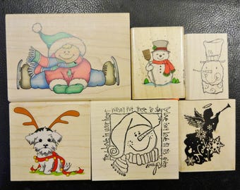 Winter Wood Mounted Rubber Stamps | Snowman, Ice Skater, Dog with Antlers