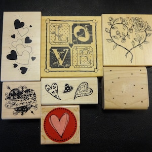 Lot of 7 Vintage Rubber Stamps Mounted on Wood, Heart Stamps, LOVE Stamp, Gently Used, Craft and Cardmaking Supplies