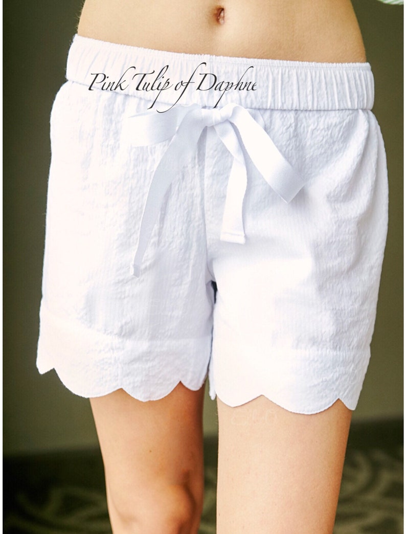 Personalized Bridesmaid shorts Monogrammed White seersucker Scallop Shorts WHITE SCALLOP SHORTS Wedding shorts