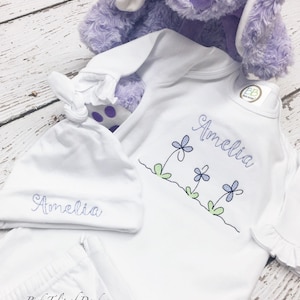 New baby gift, Vintage flower baby gown, personalized newborn gown, infant gown with violets, baby shower gift