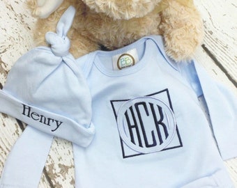 Infant boy gown, newborn gown, Baby Boy Monogrammed Infant Gown, preppy frame monogram