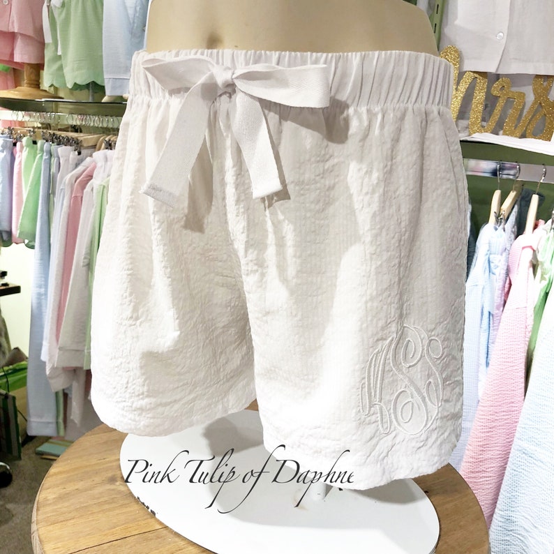 Personalized Bridesmaid shorts Monogrammed White seersucker Scallop Shorts WHITE SCALLOP SHORTS Wedding shorts