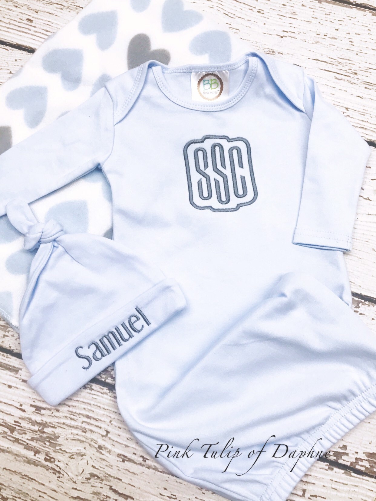 Blue and gray baby gown, Infant boy gown, newborn gown, Monogrammed