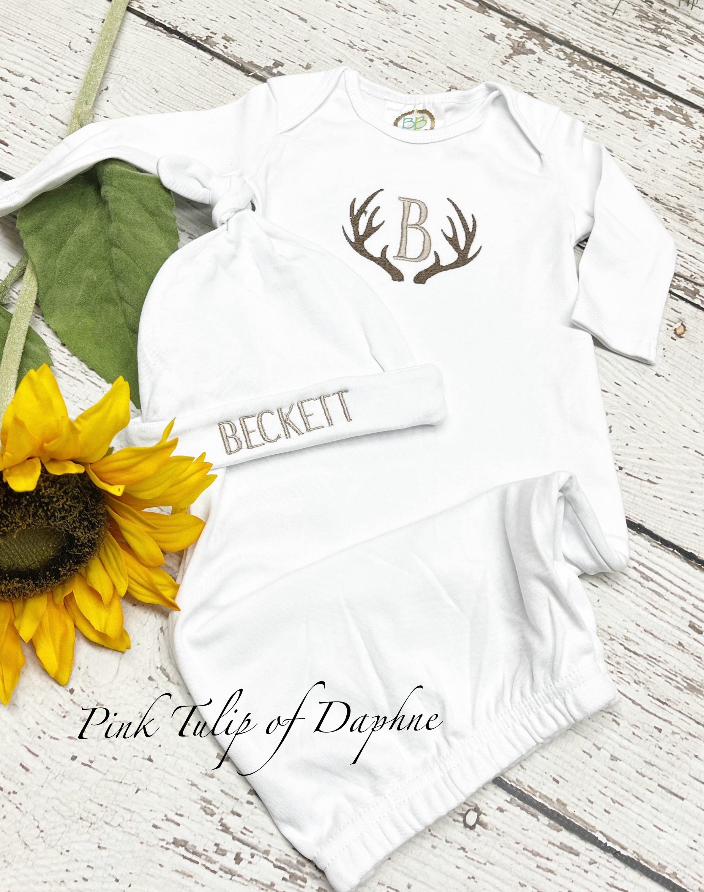 Infant boy bodysuit, newborn bodysuit, Baby Boy Monogrammed Infant Bodysuit, Deer Antlers framing Initial