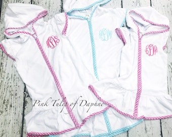 Girls pink gingham trimmed terry swim coverup with monogram, Personalized