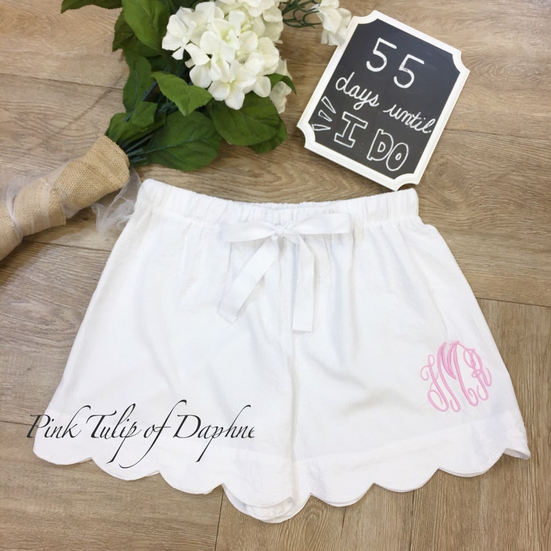 Personalized Bridesmaid shorts Monogrammed White seersucker Scallop Shorts WHITE SCALLOP SHORTS Wedding shorts