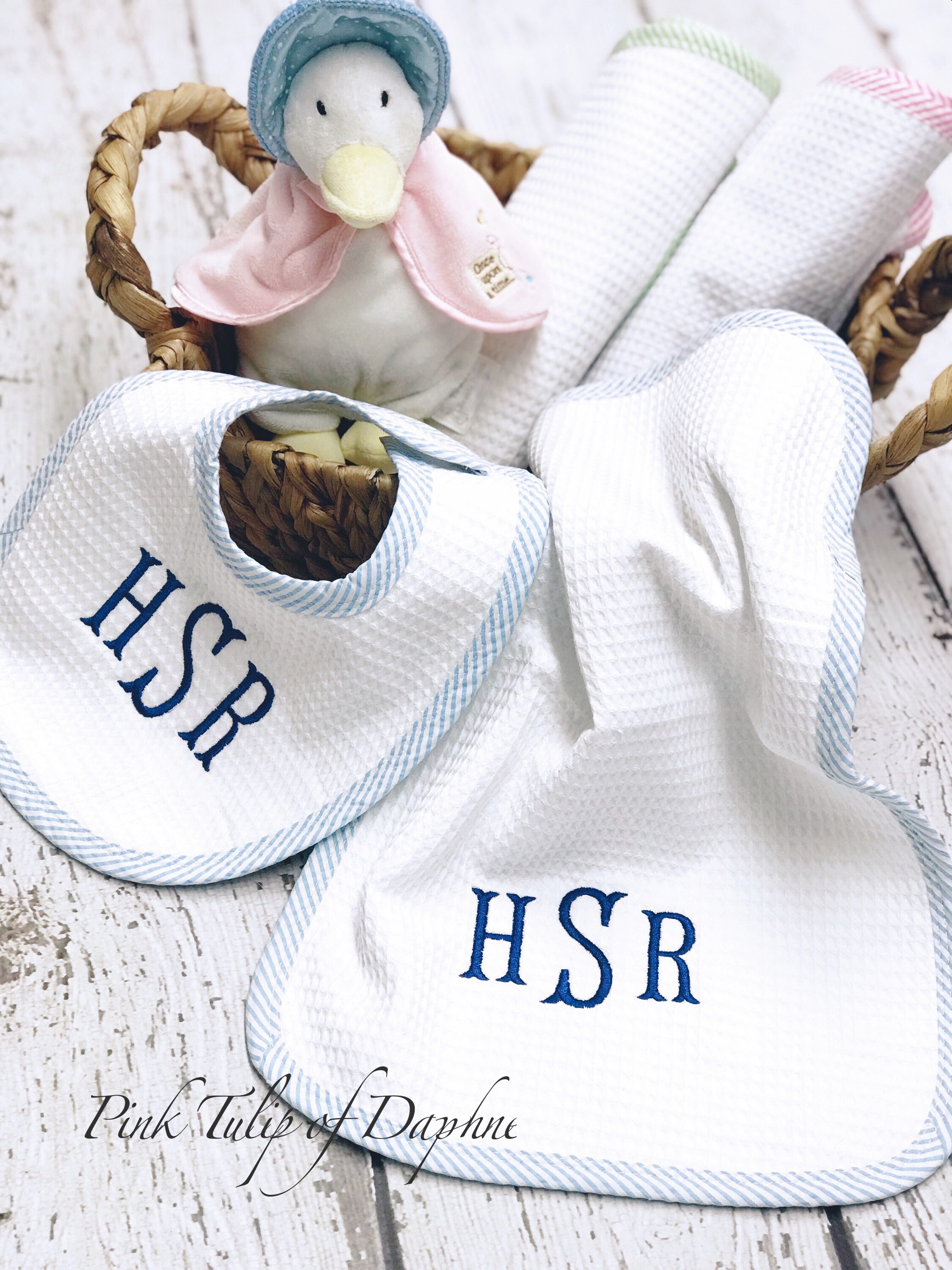 monogrammed burp cloths and bibs