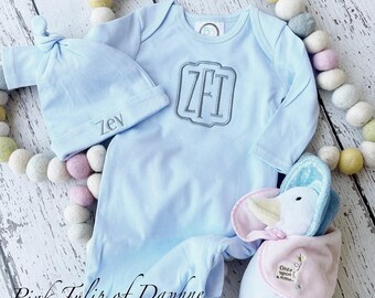Blue and gray baby gown, Infant boy gown, newborn gown, Monogrammed, Classic, Personalized baby gift, Baby shower gift, Going home outfit