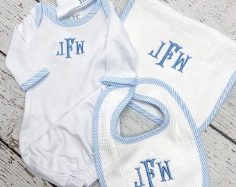 Newborn layette set, Infant boy gown set, Newborn gown and cap set, baby boy gown set, Baby Boy Monogrammed Infant Gown, Boy homecoming set