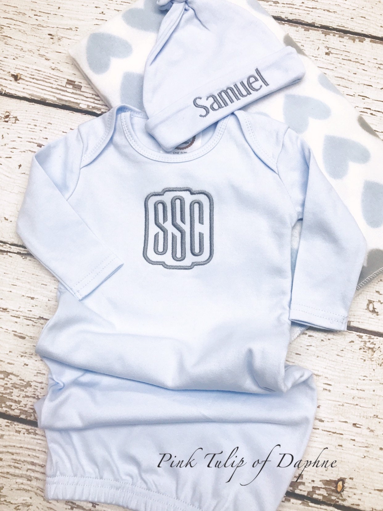Blue and gray baby gown, Infant boy gown, newborn gown, Monogrammed
