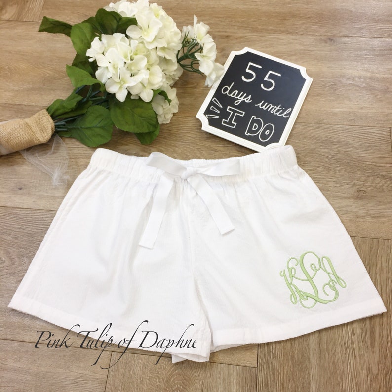 Personalized Bridesmaid shorts Monogrammed White seersucker Scallop Shorts WHITE SCALLOP SHORTS Wedding shorts