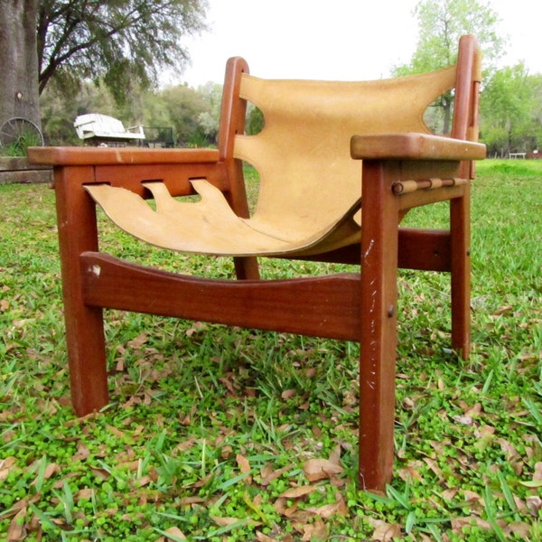 Vintage Solid Teak and Leather Chair, Teak Chair, Leather Seat, Weathered Leather