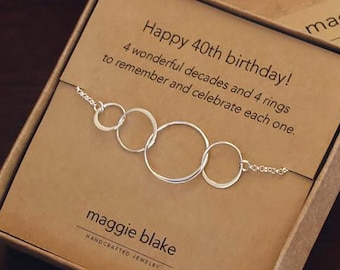 BRACELET — 40th birthday gift for her 40th birthday jewelry bracelet four rings four decades 40 birthday 40th birthday