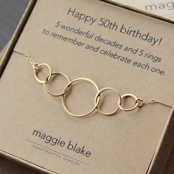 50th Birthday jewelry, 5 gold interlocking rings necklace, 5 rings for 50th birthday, happy 50th birthday