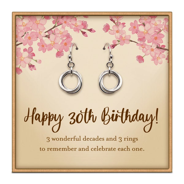 30th birthday gift for her 30th birthday gifts for women 3 rings 3 decades thirtieth birthday earrings gift niece friend coworker sister