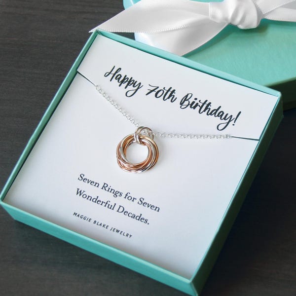 70th Birthday Necklace for Women, 7 Rings Necklace, 70th Birthday Gift Mom, Grandma, Wife, Sister, Friend, rose gold, gold, sterling silver