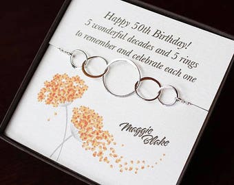 50th Birthday gift for women, 5 silver interlocking rings necklace, 5 rings for 50th birthday, sterling silver, 5 circle necklace, 5 decades