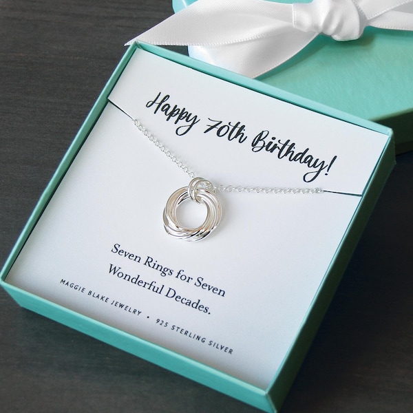 70th Birthday Necklace: Seven Sterling Silver Rings, Milestone Gift