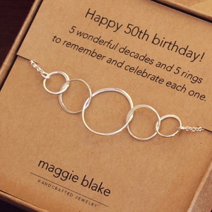 50th Birthday gift for women, 5 sterling silver interlocking rings necklace, 5 rings for 50th birthday