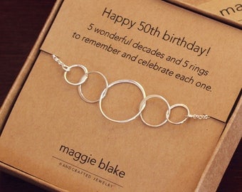 50th Birthday gift for women, 5 sterling silver interlocking rings necklace, 5 rings for 50th birthday