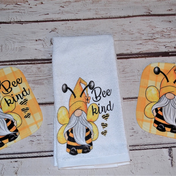 Scandinavia Nordic Buttercup Yellow Gnome Kitchen Towel ~ Yellow Buffalo Plaid Hand Towel Set for Bridal Gift~ Gnome Bee Potholders