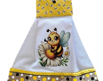 Handmade Bee Kitchen Towel – Whimsical Sublimated Print, Quilted Topper, Polka Dot Trim