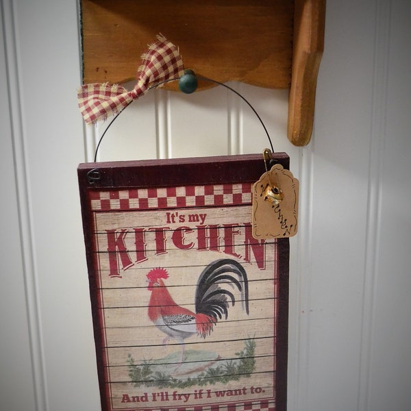 Wooden Kitchen Rooster Hanging Signs,  Mother's day Kitchen  Farmhouse Decor, Rustic Country Fabric Gift Ideas, Handmade USA