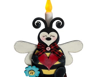 Hand-Painted Bee Kind Candle Holder, Whimsical Folk Art Figurine with LED Candle
