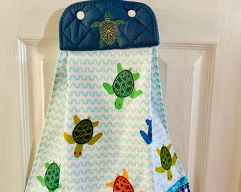 Embroidered Sea Turtle Kitchen Towels, Coastal Beach Nautical Decor Set